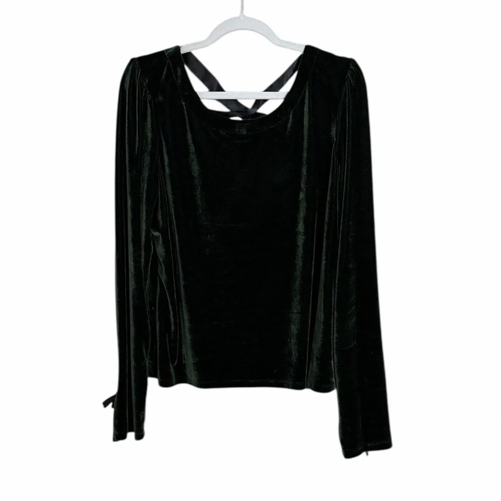 By Anthropologie Dark Green Velvet Criss Cross Back Long Sleeve Blouse Size XL